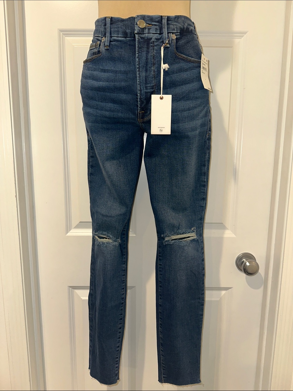 Good American Good Waist Crop High Waist Dark Blue Distressed Skinny Jeans. NWT